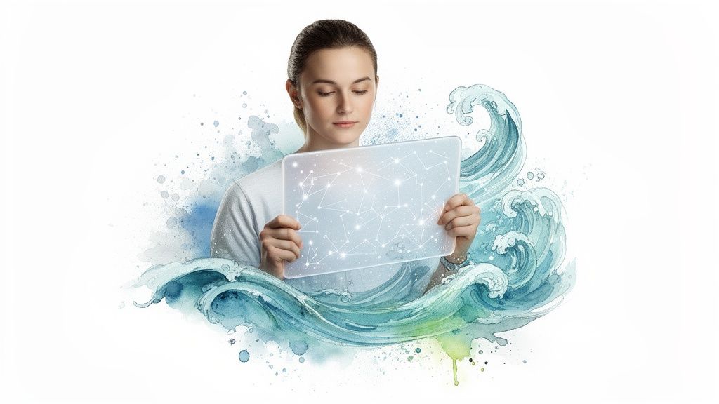 A woman holds a transparent tablet with a glowing data network, surrounded by watercolor waves.
