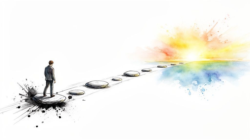 Man on stepping stones toward a bright, colorful sunrise, symbolizing a new path.