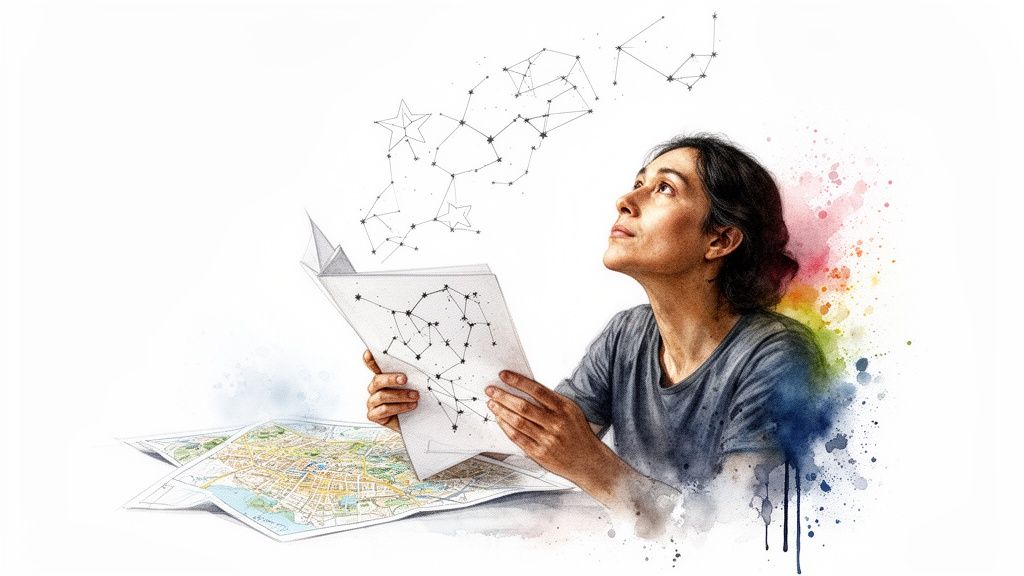 A woman looks up, contemplating constellations from a map held in her hands, over city maps.