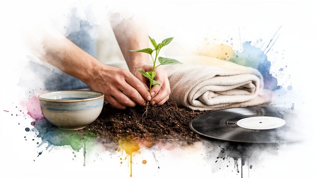Hands planting a green seedling in rich soil, alongside a ceramic bowl, blanket, and vinyl record.