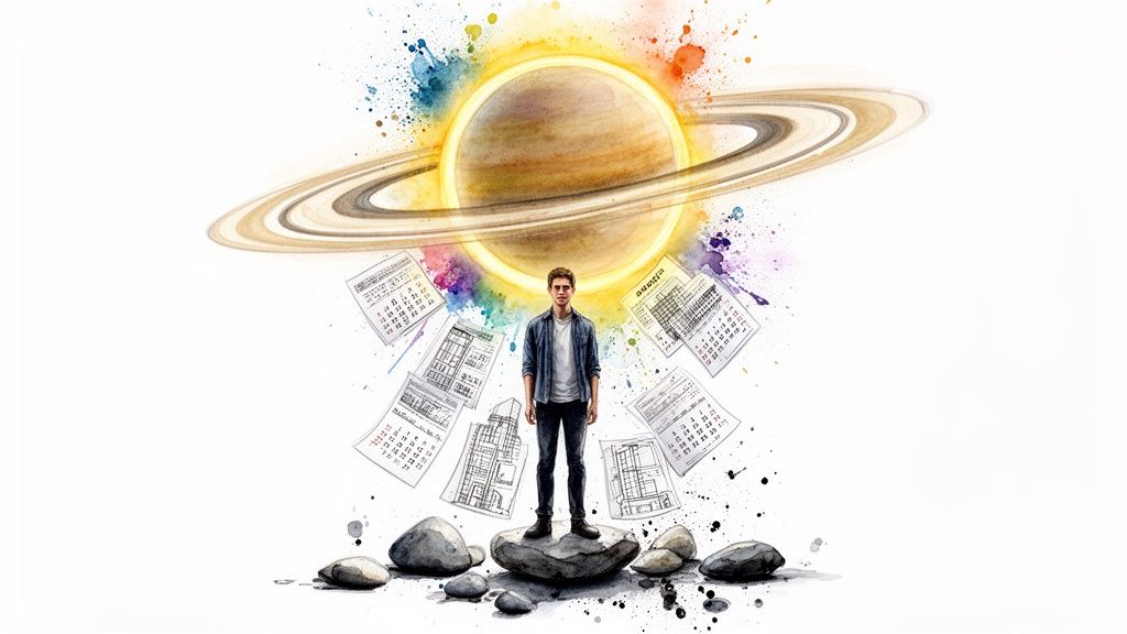 Watercolor illustration of a man under a vibrant Saturn, surrounded by calendars and blueprints.