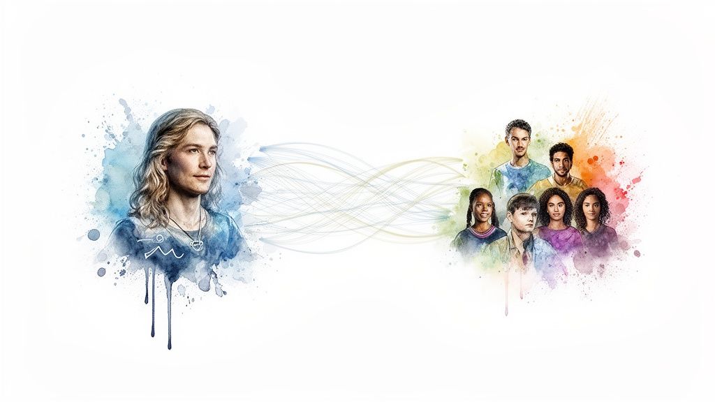 Watercolor illustration of a person representing Aquarius connected to a diverse group of people by wavy lines.