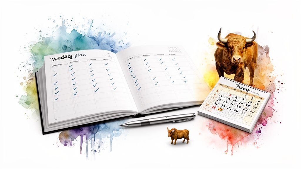 An open monthly planner, a Taurus calendar, a pen, and bull figures on a watercolor background.