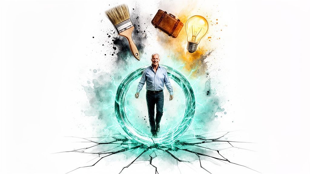 A smiling man steps from a glowing portal, surrounded by a paintbrush, suitcase, and lightbulb.