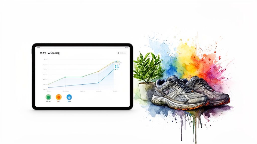 Tablet displaying a line graph, a green plant, and running shoes with colorful paint splashes.