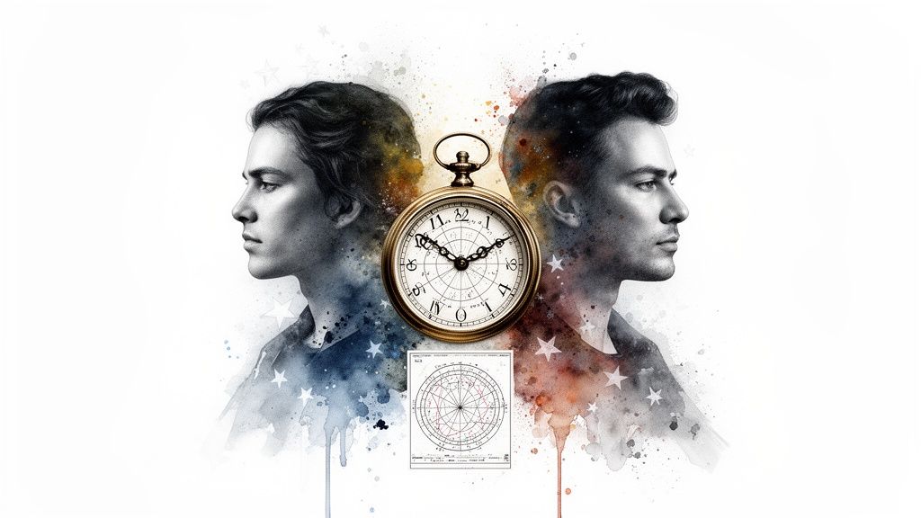 Stylized depiction of two male profiles, a vintage watch, and a circular astrological chart.