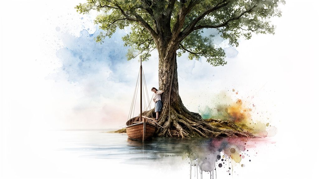 A serene watercolor painting featuring a person on a boat tied to a large tree by tranquil water.