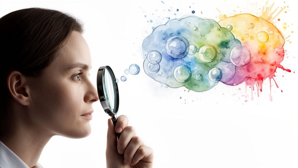 A woman examines colorful, abstract thought bubbles and clouds with a magnifying glass.