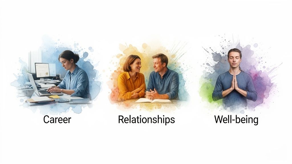 Watercolor illustrations of a woman working, a couple talking, and a man meditating, representing key life areas.