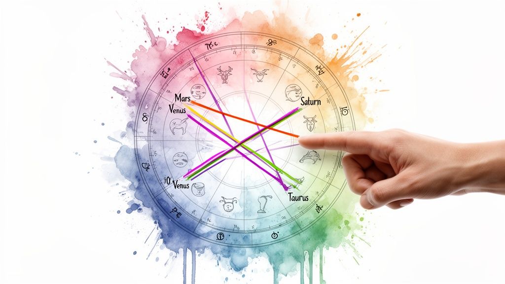 A hand points to a colorful astrology chart displaying planets and zodiac signs.