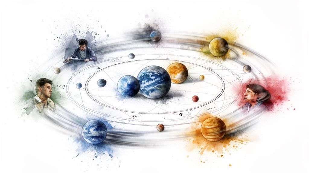 Watercolor illustration of a planetary system with orbital paths, surrounded by three observing individuals.
