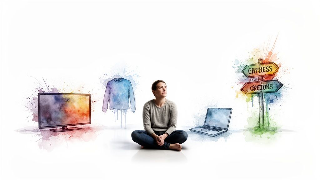 A woman sits amidst illustrations of a TV, sweater, laptop, and a 'CHOICES OPTIONS' signpost, contemplating decisions.