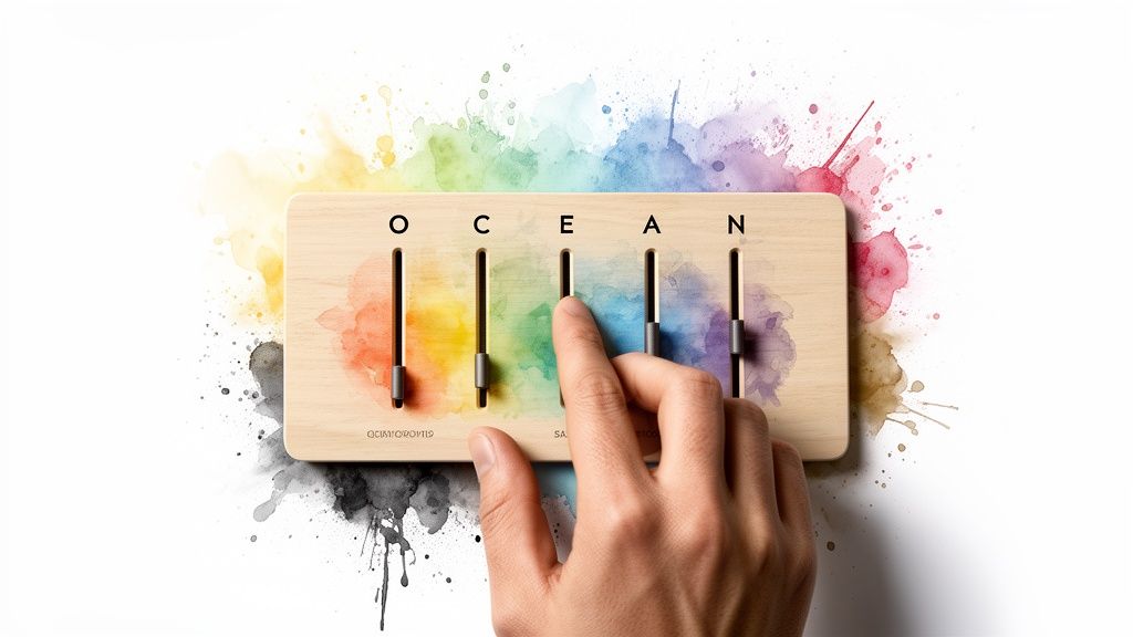 A hand adjusts a slider on a wooden panel labeled OCEAN, symbolizing the Big Five personality test.