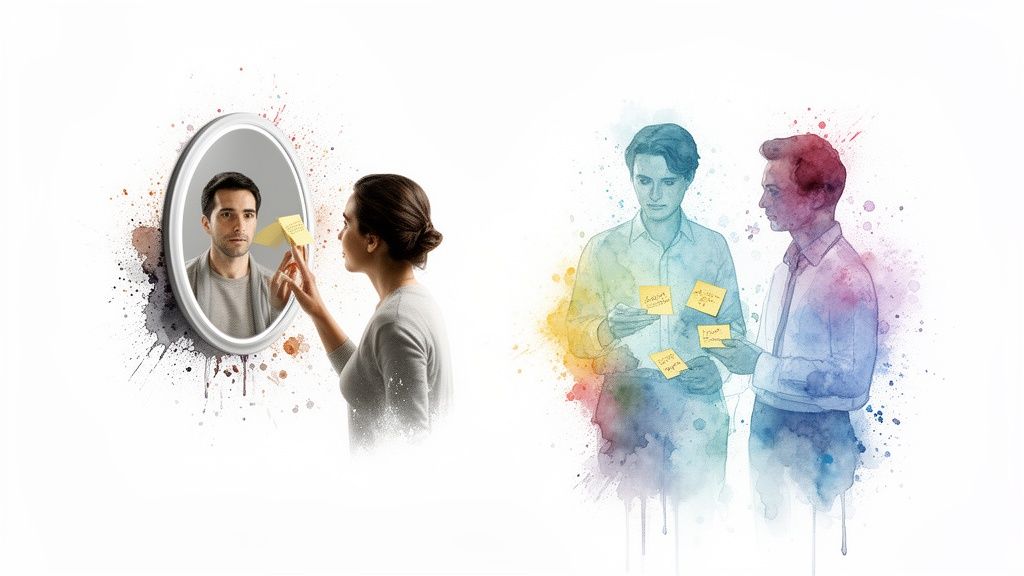 A woman places a sticky note on a mirror reflecting a man, illustrating self-reflection and awareness.