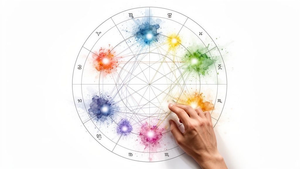 A human hand interacts with a vibrant astrological birth chart displaying zodiac symbols and connections.