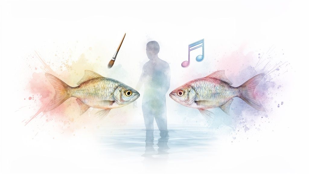 A watercolor illustration of two fish, a person, a paintbrush, and a music note.
