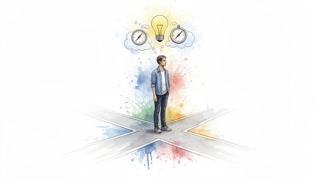 A person stands at a colorful crossroads, contemplating ideas (lightbulb) and directions (compasses).