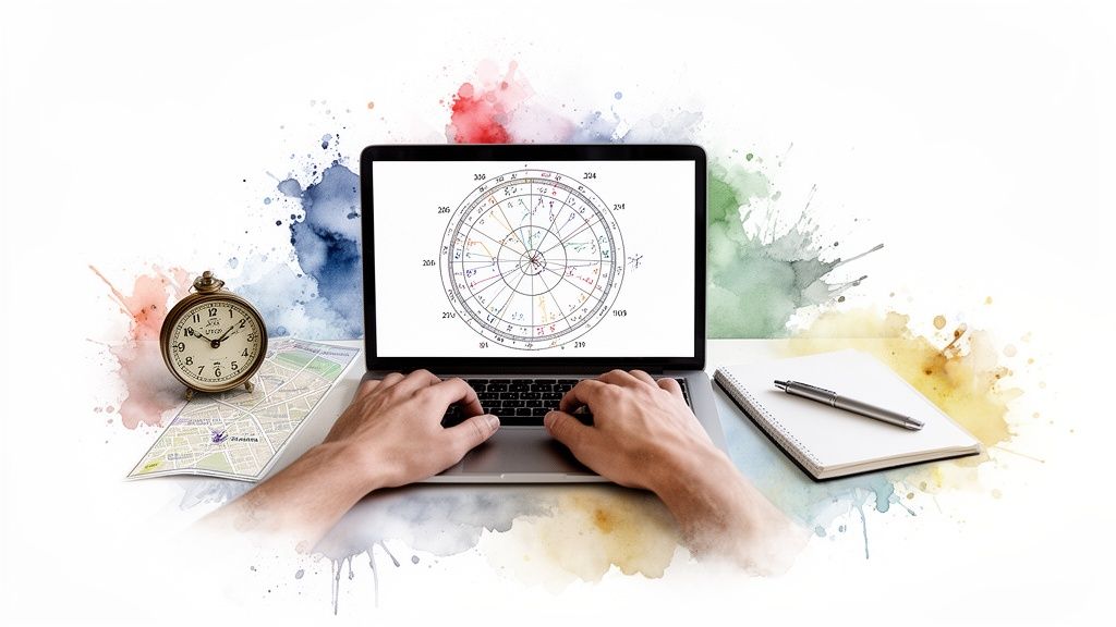 Hands typing on a laptop displaying an astrological birth chart, with a clock, map, and notebook.