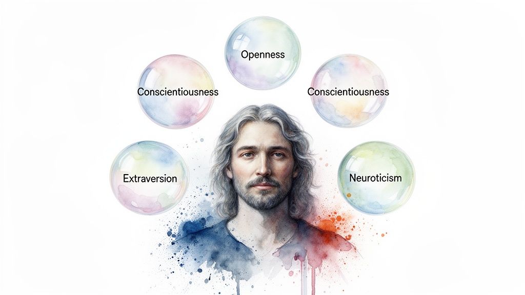 Watercolor illustration of Jesus Christ surrounded by bubbles labeled Openness, Conscientiousness, Extraversion, and Neuroticism.