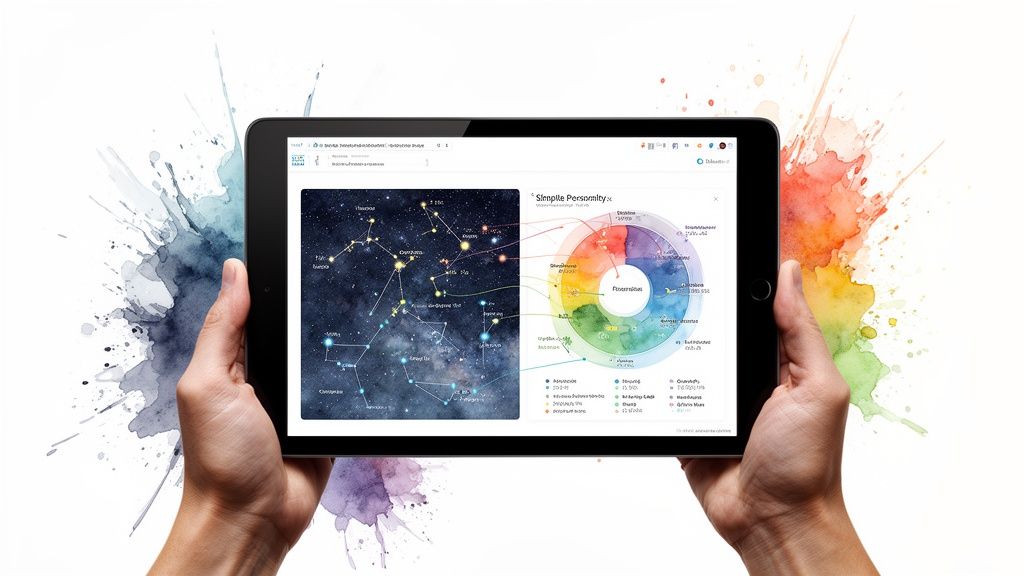 Hands hold a tablet displaying a starry constellation map and a colorful personality chart.