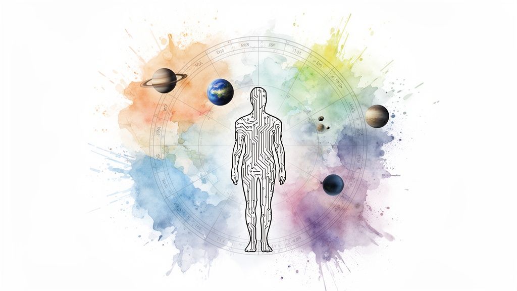 A circuit board human figure within a colorful watercolor astrological chart surrounded by planets.