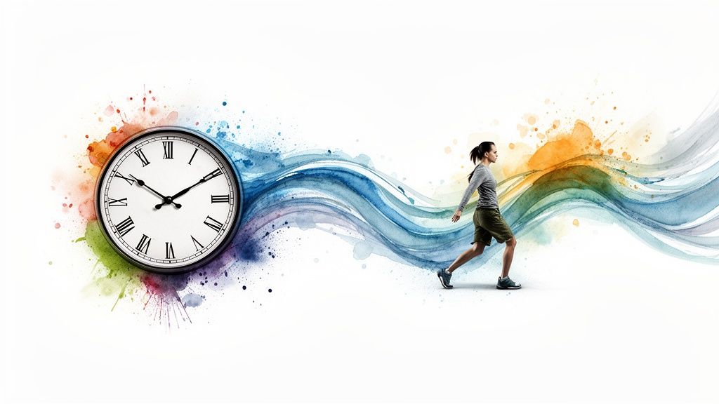 A person running past a clock with colorful watercolor waves, symbolizing time and progress.