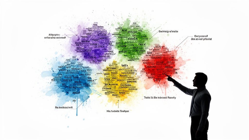 A silhouette of a man points at a colorful, abstract concept diagram with jumbled words.