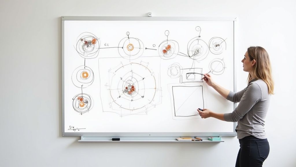 A person pointing to a well-designed presentation slide with charts and minimal text.