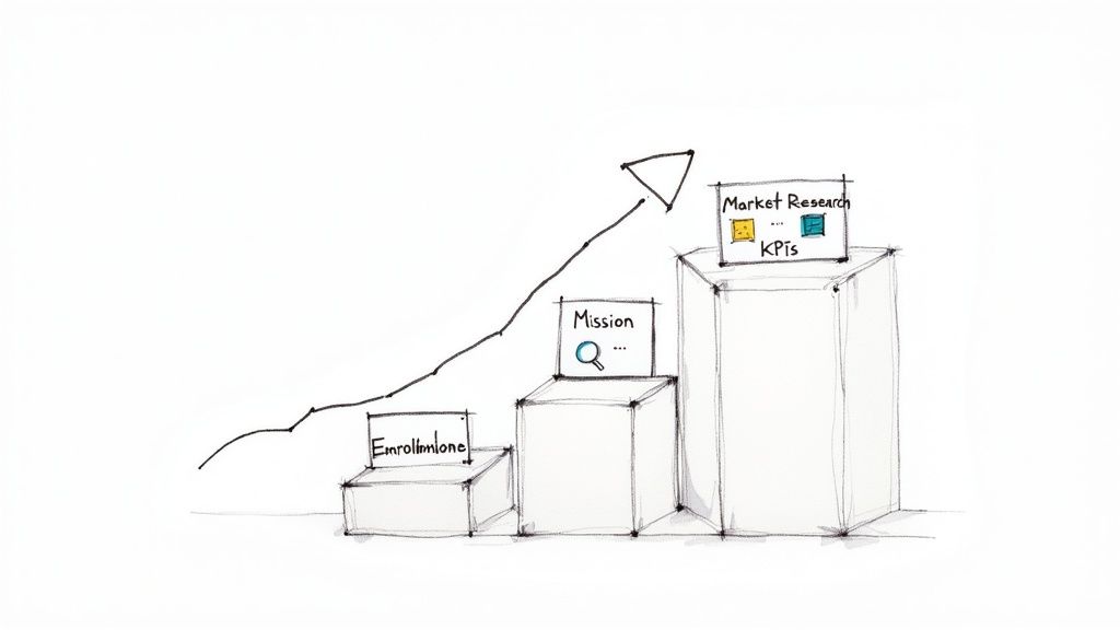 A hand-drawn illustration showing a business growth strategy with steps for enrollment, mission, and market research KPIs.