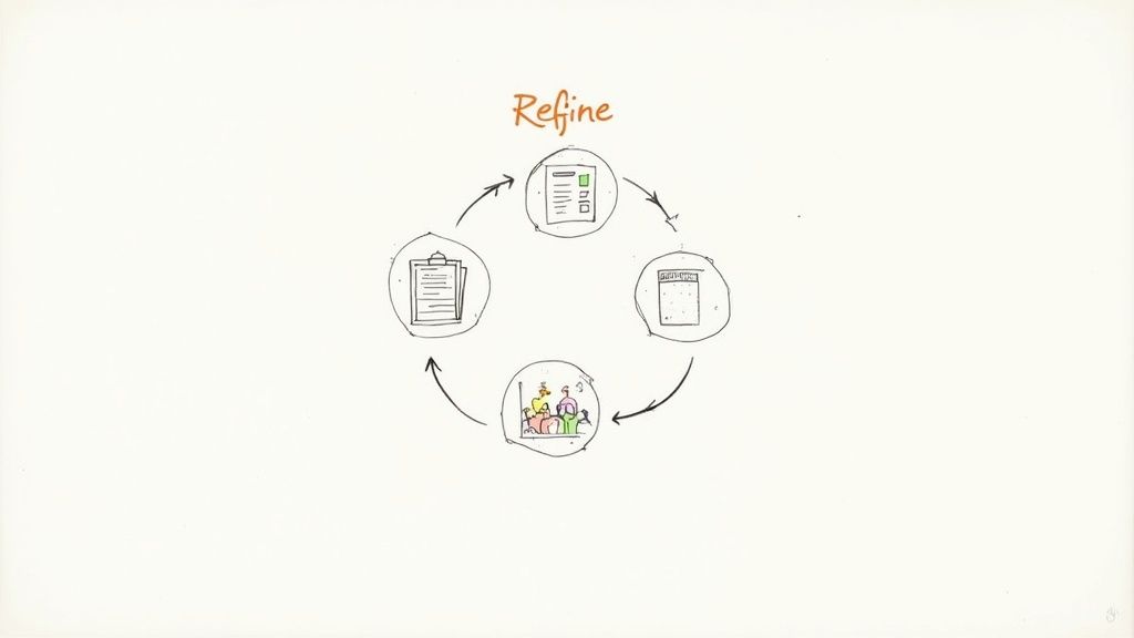 Diagram showing a four-step 'Refine' cycle with icons for documents, analysis, collaboration, and planning.