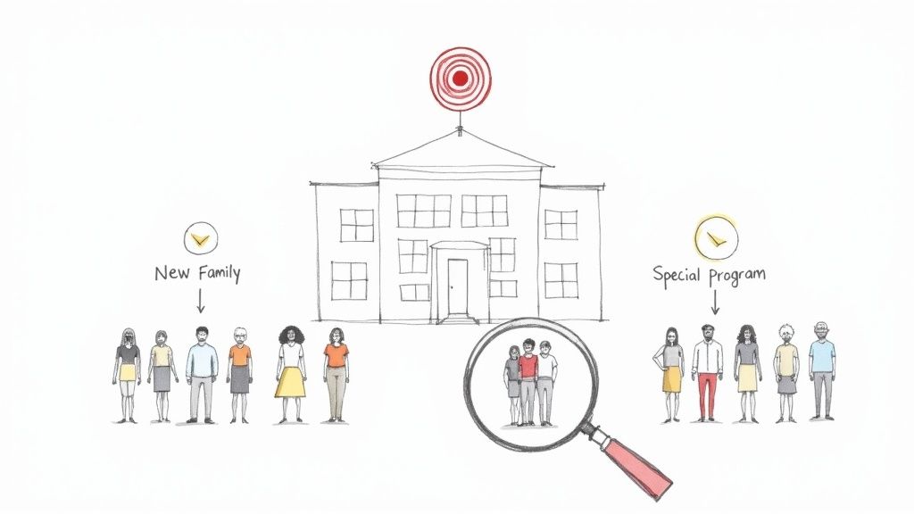 Illustration of a school with a target, showing new families and a special program, with a family highlighted.