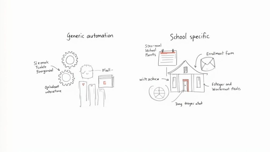 A handwritten diagram comparing generic automation concepts with school-specific automation using gears, a house, and forms.
