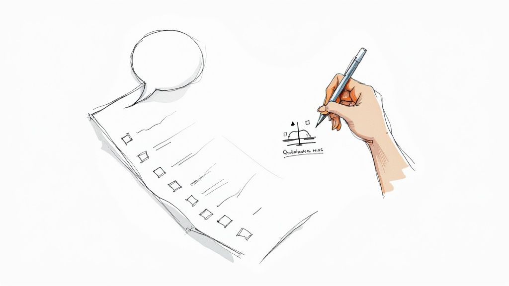 A hand with a pen filling out a paper survey with checkboxes and a speech bubble.