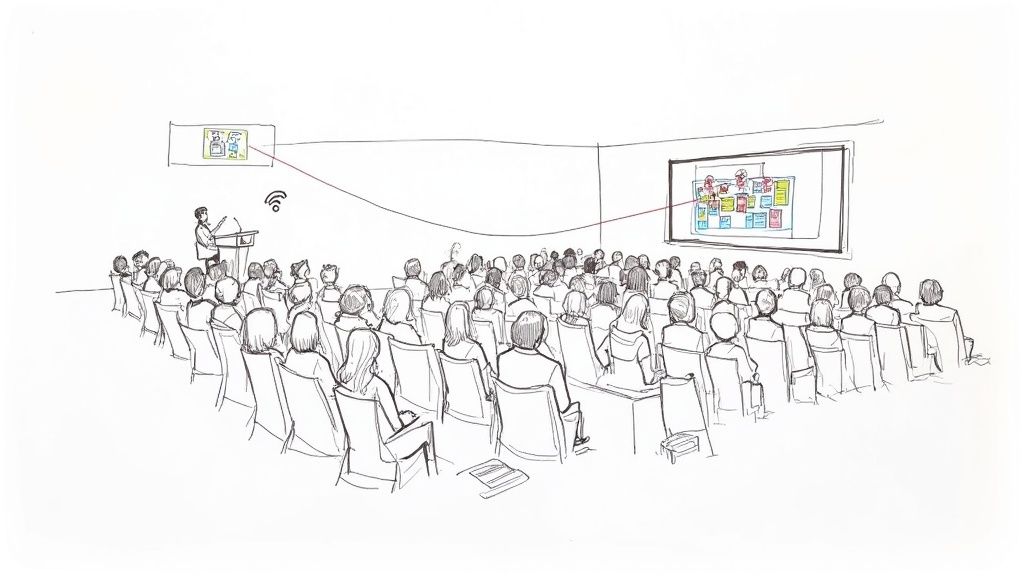 A professionally set up stage for a hybrid event, with cameras, lights, and a large screen displaying a virtual audience interacting with the live speaker.