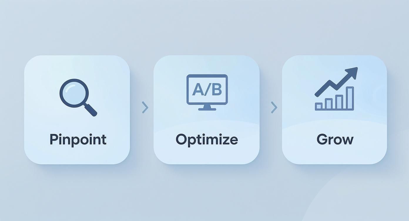 A three-step process diagram showing Pinpoint, Optimize with A/B testing, and Grow with a rising trend.