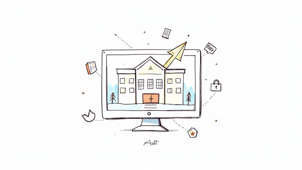 Hand-drawn illustration depicting a university building on a monitor, with data, security, and progress icons.