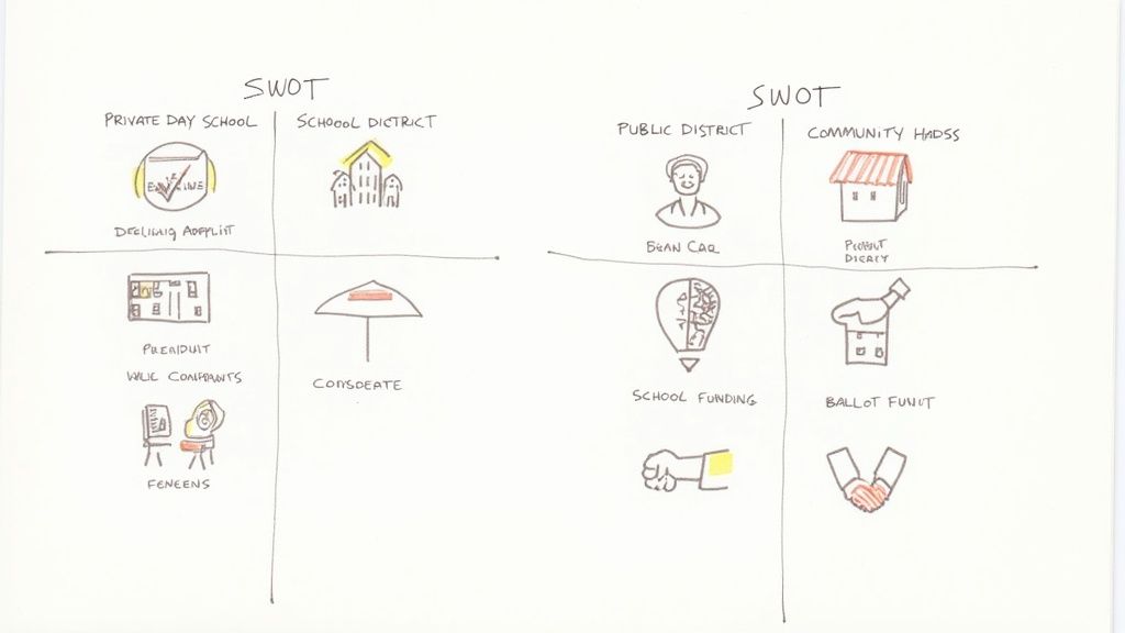 Hand-drawn SWOT analysis comparison chart showing private day school versus public district and community examples