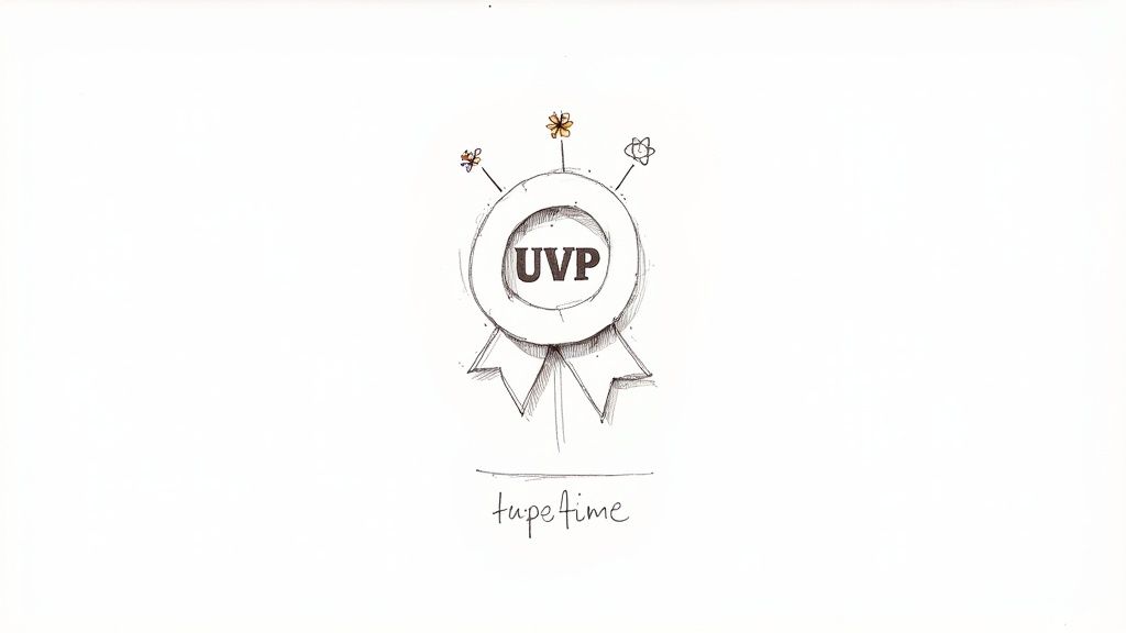 Hand-drawn award badge with 'UVP' text, surrounded by bee, flower, and atom symbols, with 'tupe time' below.