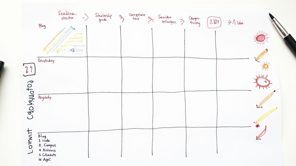 Hand-drawn content calendar template showing rows for blog, greenbury, morphoky, lohmut categories with planning columns