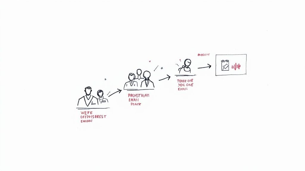 A hand-drawn diagram illustrating a progression from a group of people through email steps to a final result with a graph.