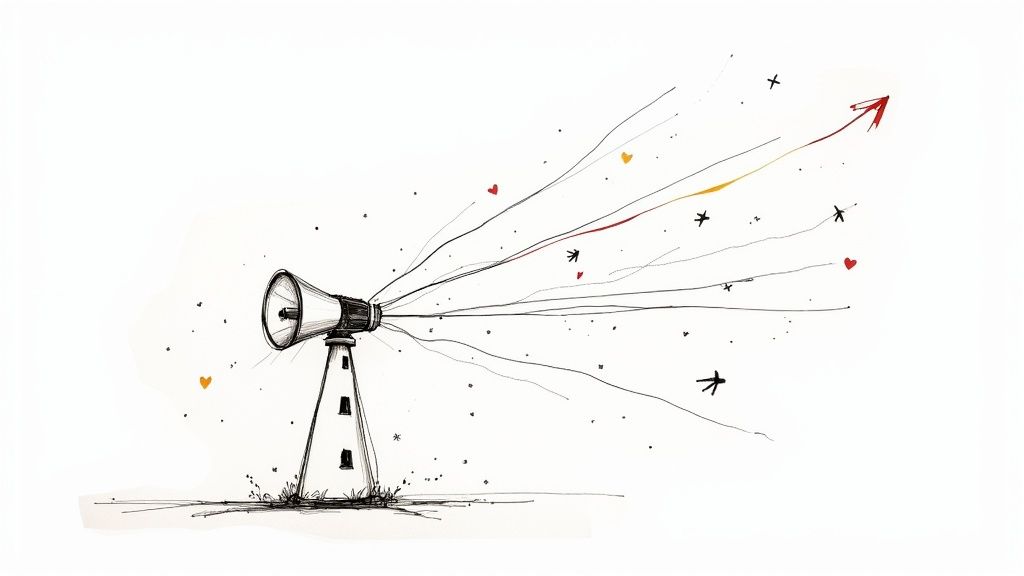 A hand drawing a line connecting several dots, illustrating how brand voice connects a company to its customers and drives growth.