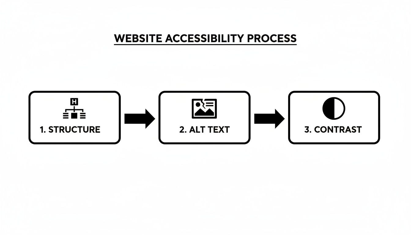 A flowchart showing the three-step website accessibility process: structure, alt text, and contrast.