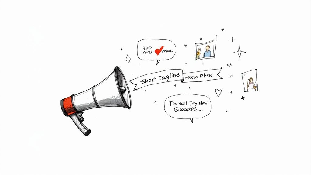Hand-drawn megaphone broadcasting a "Short Tagline" and "Too sad! Try Now Success..." with social media frames.