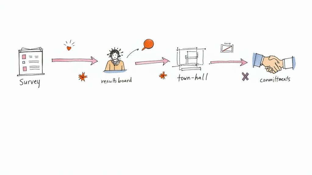A hand-drawn diagram illustrating a process: survey leads to results board, then town hall, but no commitments.