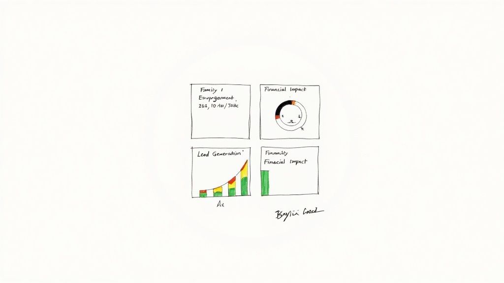 Four hand-drawn charts showing family engagement data, financial impact metrics, and lead generation analytics