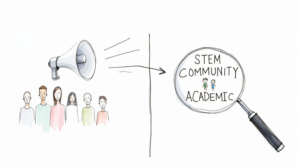 A megaphone broadcasts to diverse people, directing attention to the STEM academic community.