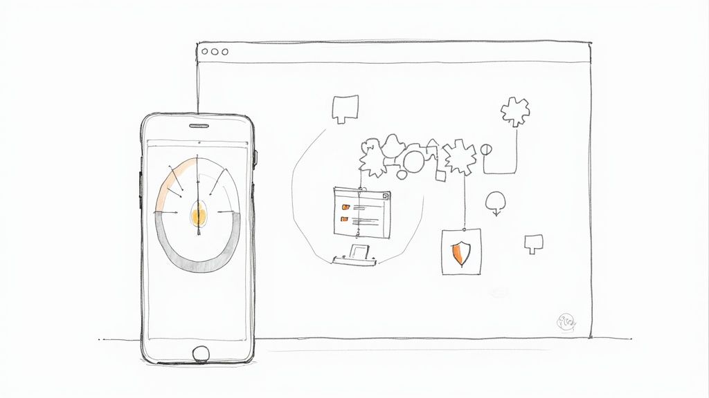 Sketch of a smartphone with a performance gauge and a web browser visualizing a digital system audit.