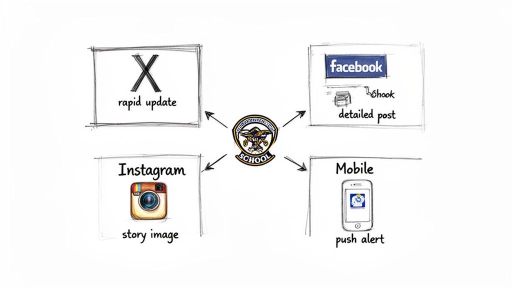 Diagram illustrating a school's communication strategy across X, Facebook, Instagram, and mobile push alerts.