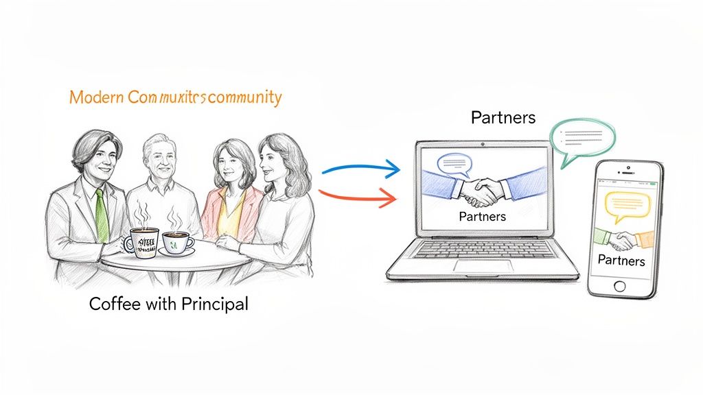Illustration showing a modern community meeting in person and connecting with partners digitally.
