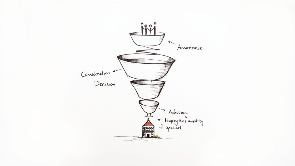 Hand-drawn marketing funnel illustration showing Awareness, Consideration, Decision, and Advocacy stages leading to a house.